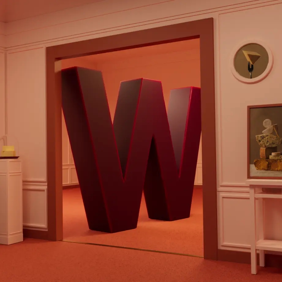 Stor W bostav i ett rödaktigt rum i 3d - Ny Studio